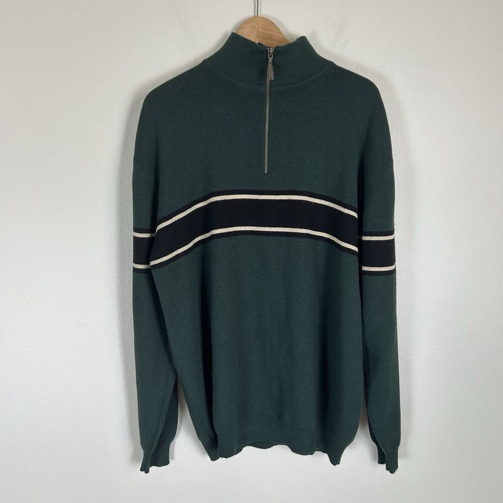Vintage Meister 1/4 Zip Ski Sweater L Green Stripe Wool Blend Alpine Pullover